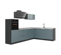 Vicco Cocina esquinera "R-Line", Gris azulado/Antracita 287 x cm | 12 Módulos · Patas regulables en altura · Encimera in rentes robustos · Con armario para frigorífico