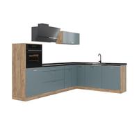 Vicco Cocina esquinera "R-Line", Gris azulado/Roble dorado 287 x cm | 12 Módulos · Patas regulables en altura · Sin encimera · Frentes robustos · Con armario para frigorífico