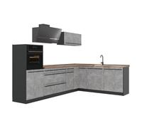 Vicco Cocina esquinera "R-Line", Hormigón/Antracita 287 x cm | 12 Módulos · Patas regulables en altura · Encimera in rentes robustos · Con armario para frigorífico