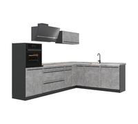 Vicco Cocina esquinera "R-Line", Hormigón/Antracita 287 x cm | 12 Módulos · Patas regulables en altura · Sin encimera · Frentes robustos · Con armario para frigorífico