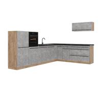 Vicco Cocina esquinera R-Line, Hormigón/Roble Dorado 327 x cm | 8 Módulos · Patas regulables en altura · Encimera in rentes robustos · Con armario para horno