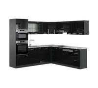 Vicco Cocina esquinera R-Line, Negro Brillo Intenso, 247 x 60 cm, ET Mármol, para planificación de Cocina Variable y ampliación Modular