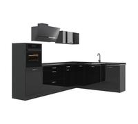 Vicco Cocina esquinera "R-Line", Negro brillo intenso/Antracita 287 x cm | 12 Módulos · Patas regulables en altura · Encimera in rentes robustos · Con armario para frigorífico