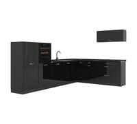 Vicco Cocina esquinera R-Line, Negro Brillo Intenso/Antracita 327 x cm | 8 Módulos · Patas regulables en altura · Sin encimera · Frentes robustos · Con armario para horno