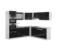 Vicco Cocina esquinera R-Line, Negro Brillo Intenso/Blanco, 237 x 247 cm sin encimera