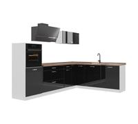 Vicco Cocina esquinera "R-Line", Negro brillo intenso/Blanco 287 x cm | 12 Módulos · Patas regulables en altura · Encimera in rentes robustos · Con armario para frigorífico
