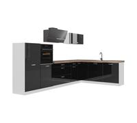 Vicco Cocina esquinera "R-Line", Negro brillo intenso/Blanco 347 x cm | 8 Módulos · Patas regulables en altura · Encimera in rentes robustos · Con armario para horno