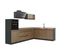 Vicco Cocina esquinera "R-Line", Roble artesanal/Antracita 287 x cm | 12 Módulos · Patas regulables en altura · Encimera in rentes robustos · Con armario para frigorífico