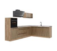 Vicco Cocina esquinera "R-Line", Roble artesanal/Roble dorado 287 x cm | 12 Módulos · Patas regulables en altura · Encimera in rentes robustos · Con armario para frigorífico