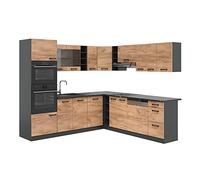 Vicco Cocina esquinera R-Line, Roble Dorado/Antracita, 247 x 237 cm sin encimera, para planificación de Cocina Variable y ampliación Modular