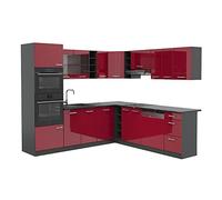 Vicco Cocina esquinera R-Line, Rojo de Alto Brillo, 247 x 46 cm sin encimera, para planificación de Cocina Variable y ampliación Modular