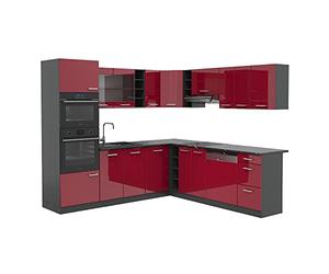 Vicco Cocina esquinera R-Line, Rojo de Alto Brillo, 247 x 46 cm sin encimera, para planificación de Cocina Variable y ampliación Modular