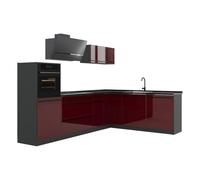 Vicco Cocina esquinera "R-Line", Rojo de alto brillo/Antracita 287 x cm | 12 Módulos · Patas regulables en altura · Encimera in rentes robustos · Con armario para frigorífico