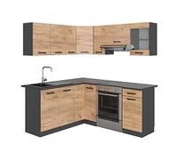 Vicco Cocina esquinera Rick, Roble Dorado/Antracita, 187 x 167 cm, Ap Antracita, con Elementos modulares ampliables para una planificación Flexible de la Cocina