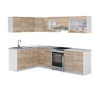 Vicco Cocina esquinera Rick, Sonoma/Blanco, 270 x 60 cm, ET Mármol, con módulos combinables de Forma Variable y Patas Ajustables en Altura