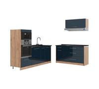 Vicco Cocina Fame-Line, Azul Oscuro Alto Brillo/Roble Dorado, 340 cm sin encimera, para ampliación Individual con módulos compatibles