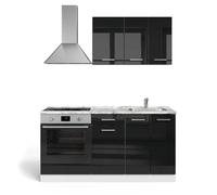Vicco Cocina para Solteros R-Line, Negro Brillo/Blanco, 160 cm con Mueble para Horno Empotrado sin encimera, Preparado para la integración de electrodomésticos y Fregadero