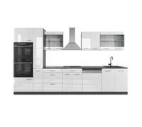 Vicco Cocina R-Line, Blanco Brillo/Antracita, 350 cm | 9 Módulos · Patas regulables en altura · Encimera in rentes robustos · Con armario para horno/microondas