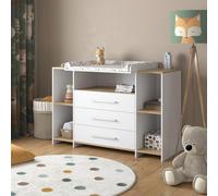 Vicco Cómoda Cambiador Oskar, Roble Blanco/Dorado, 143.2 x 93 cm | con 3 cajones, apto como cambiador con zona de almacenamiento ampliable
