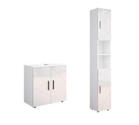 Vicco Conjunto de Muebles de baño Irma, Blanco Alto Brillo, 2 Partes, con Mueble Alto, Compuesto por Mueble bajo para Lavabo y Columna de baño