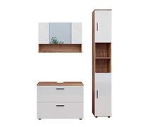 Vicco Conjunto de Muebles de baño Irma, Blanco Brillo Intenso/Roble Dorado, 80 cm, Compuesto por Mueble bajo Lavabo, Espejo con Armario y Columna de baño