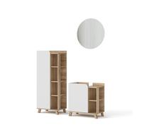 Vicco Conjunto de Muebles de baño Karen, Sonoma/Blanco, 60 cm, Compuesto por Mueble bajo Lavabo, Espejo con Armario y Columna de baño