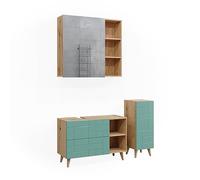 Vicco Conjunto de Muebles de baño RUDI, Verde Menta, 90 cm, Compuesto por Mueble bajo Lavabo, Armario con Espejo y Armario Mediano
