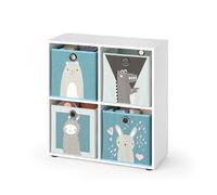Vicco Estantería Infantil Tetra, Blanco, 72.6 x 72 cm con 4 Cajas Plegables (Gris/Azul), Apto para Guardar Juguetes y Libros