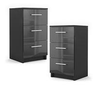 Vicco Mesa de Noche, Negro Brillo Intenso, Lote de 2, Apto para Camas Box Spring con Marco Elevado