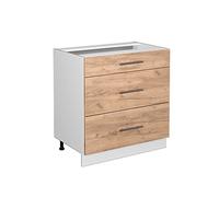 Vicco Mueble bajo de Cocina Fame-Line, Roble Dorado, 80 cm | 3 Cajones · Sin encimera · Patas regulables en altura · Tiradores de metal · Guías metálicas de extracción total