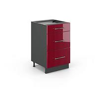 Vicco Mueble bajo de Cocina Fame-Line, Rojo Burdeos Alto Brillo, 50 cm | Frente de MDF · Sin encimera · Patas regulables en altura · Tiradores de metal · Guías metálicas de extracción total