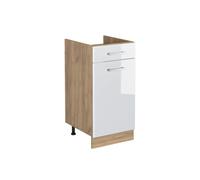 Vicco Mueble bajo de cocina "R-Line", Blanco alto brillo/Roble dorado 40 cm | 1 Cajón · Sin encimera · Patas regulables en altura · 1 Puerta · ✓ Libremente combinable