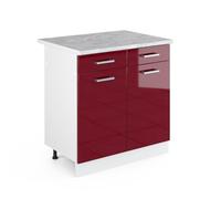 Vicco Mueble bajo de cocina "R-Line", Rojo de alto brillo/Blanco 80 cm | 2 Cajones · Encimera incl. · Patas regulables en altura · 2 Puertas · ✓ Fácil acceso