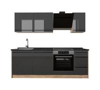Vicco Mueble de cocina "R-Line", Antracita alto brillo/Roble dorado 220 cm | 7 Módulos · Patas regulables en altura · Encimera in rentes robustos · Con panel para lavavajillas