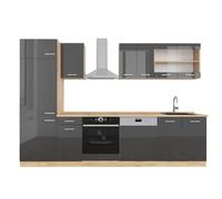 Vicco Mueble de Cocina R-Line Antracita Brillo Intenso/Roble 300 cm | 8 Módulos · Patas regulables en altura · Sin encimera · Frentes robustos · Con armario para frigorífico