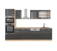 Vicco Mueble de Cocina R-Line, Antracita Brillo Intenso/Roble Dorado eléctrico, 300 cm con Armario Alto, ET Roble, para ampliación Individual Mediante módulos adicionales compatibles