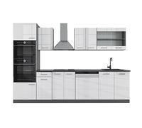 Vicco Mueble de Cocina R-Line, Blanco Alto Brillo, 300 cm con Armario Alto, sin encimera, Apto para combinación y ampliación Individual