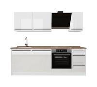Vicco Mueble de cocina "R-Line", Blanco alto brillo/Blanco 220 cm | 7 Módulos · Patas regulables en altura · Encimera in rentes robustos · Con panel para lavavajillas