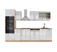 Vicco Mueble de Cocina R-Line, Blanco Brillo Intenso/Roble Dorado, 300 cm con Armario Alto, sin encimera
