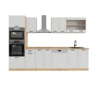 Vicco Mueble de Cocina R-Line, Casa de Campo Blanca/Roble Dorado, 300 cm | 8 Módulos · Patas regulables en altura · Encimera in rentes de MDF · Con armario para horno/microondas