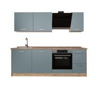 Vicco Mueble de cocina "R-Line", Gris azulado/Roble dorado 220 cm | 7 Módulos · Patas regulables en altura · Encimera in rentes robustos · Con panel para lavavajillas