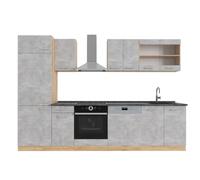 Vicco Mueble de Cocina R-Line, Hormigón/Roble Dorado, 300 cm | 8 Módulos · Patas regulables en altura · Encimera in rentes robustos · Con armario para frigorífico