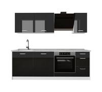 Vicco Mueble de cocina "R-Line", Negro brillo intenso/Blanco 220 cm | 7 Módulos · Patas regulables en altura · Sin encimera · Frentes robustos · Con panel para lavavajillas