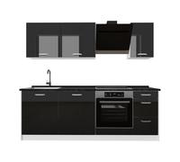 Vicco Mueble de cocina "R-Line", Negro brillo intenso/Blanco 220 cm | 7 Módulos · Patas regulables en altura · Encimera in rentes robustos · Con panel para lavavajillas