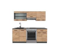 Vicco Mueble de Cocina R-Line, Roble Dorado/Antracita, 200 cm | 5 Módulos · Patas regulables en altura · Encimera in rentes robustos · Con armario de vidrio