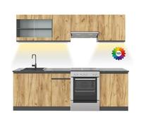Vicco Mueble de Cocina R-Line, Roble Dorado/Antracita 240 cm | sin encimera con tira de LED, con módulos de posición variable y patas ajustables en altura