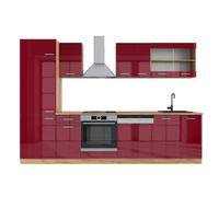 Vicco Mueble de Cocina R-Line, Rojo Brillo Intenso/Roble Dorado, 300 cm | 8 Módulos · Patas regulables en altura · Sin encimera · Frentes robustos · Con armario para frigorífico