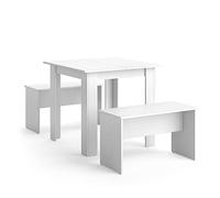 Vicco Set de Mesa de Comedor Sentio, Blanco, 80 x 80 cm con 2 Bancos, Ahorra Espacio, Apto para Comedor y rincón de Desayuno