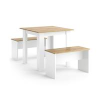 Vicco Set de Mesa de Comedor Sentio, Roble Blanco/Dorado, 80 x 80 cm con 2 Bancos