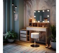 Vicco Tocador Anja, Blanco/Sonoma, 139.8 cm con iluminación LED y Taburete, Cajones para Mantener el Orden en Medio del desorden